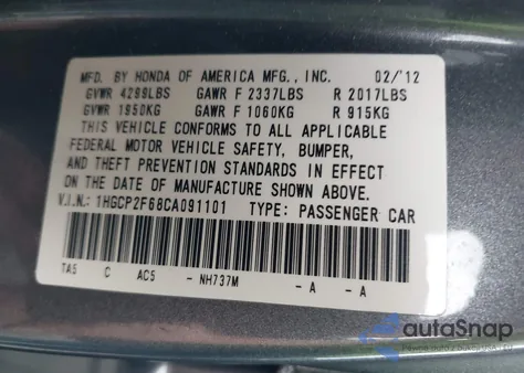 2012 Honda Accord 2.4 Se z USA, uszkodzony, nr VIN 1HGCP2F68CA091101
